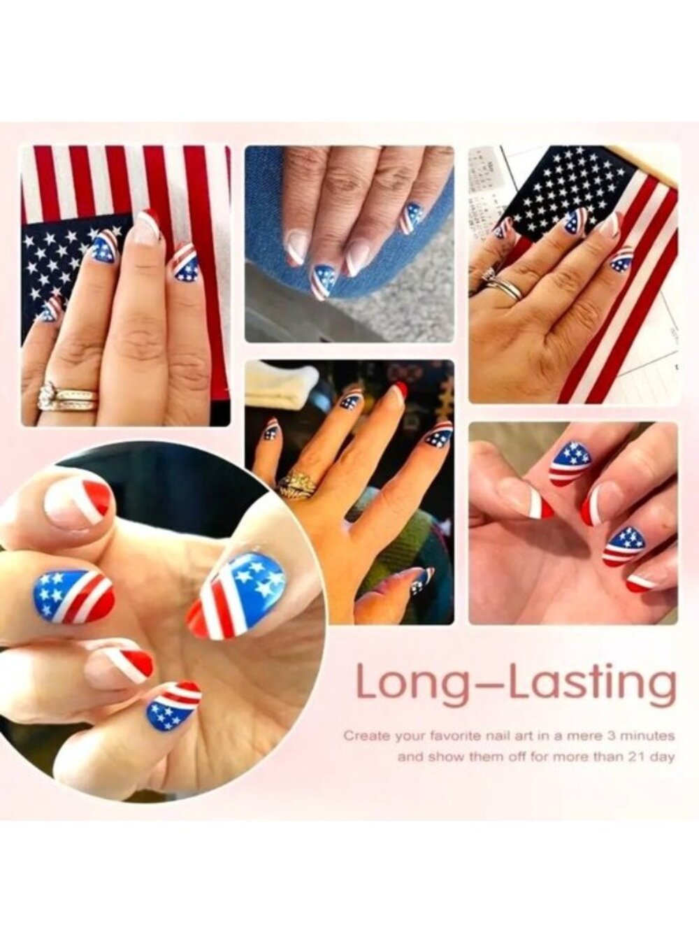 Nails Patriotic USA 24 Fake Press On Stylish Manicure Stars Trendy Reusable Glam
